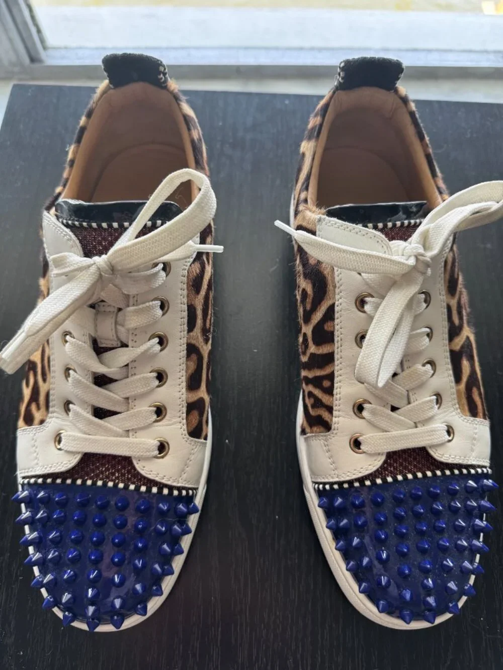 Christian Louboutin Louis Junior Spikes Blue Spike Leopard Pony Hair Sneakers 42